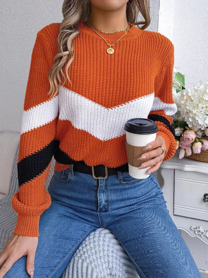 Chevron Stripe Color Block Round Neck Sweater