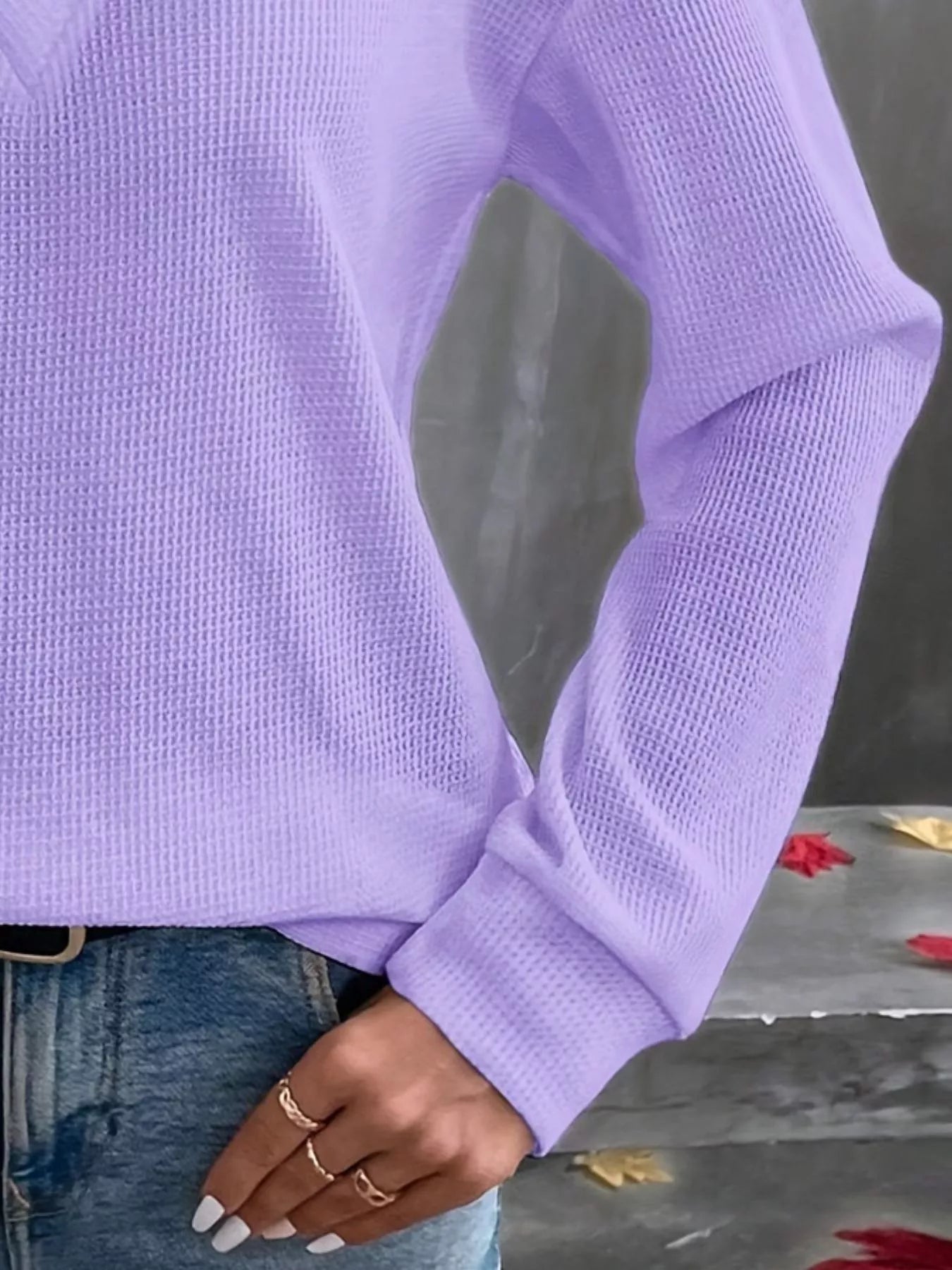 Plus Size V-Neck Long Sleeve Waffle Knit T-Shirt