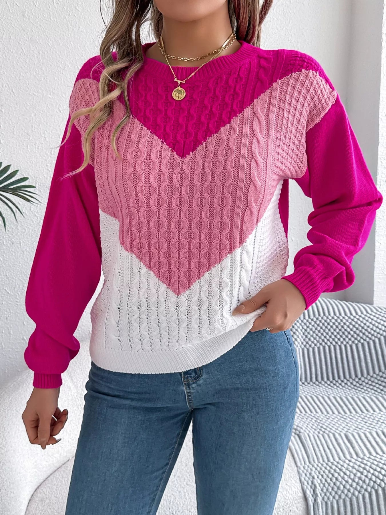 Color Block Cable Knit Sweater