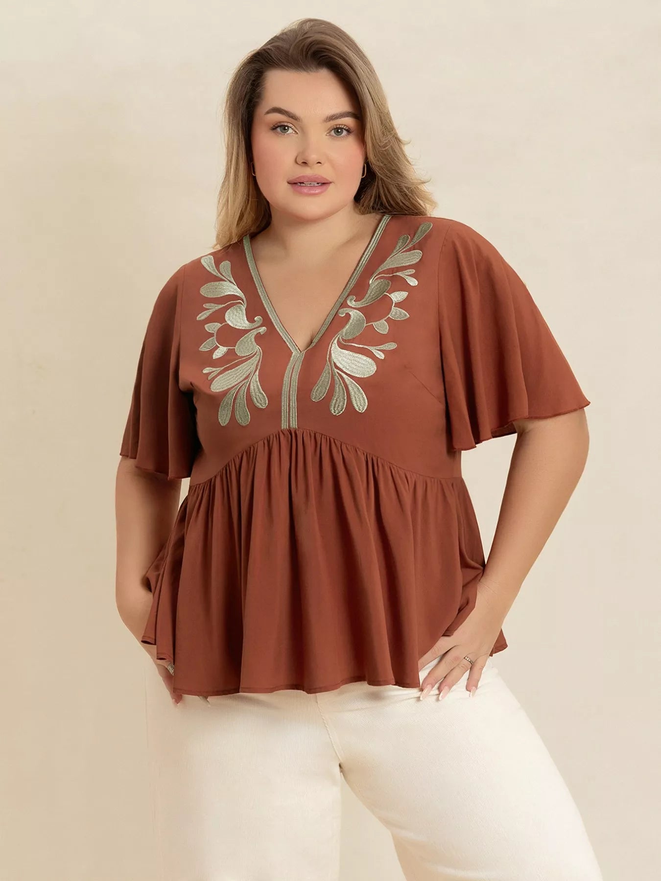 Plus Size Embroidered V-Neck Flutter Sleeve Blouse