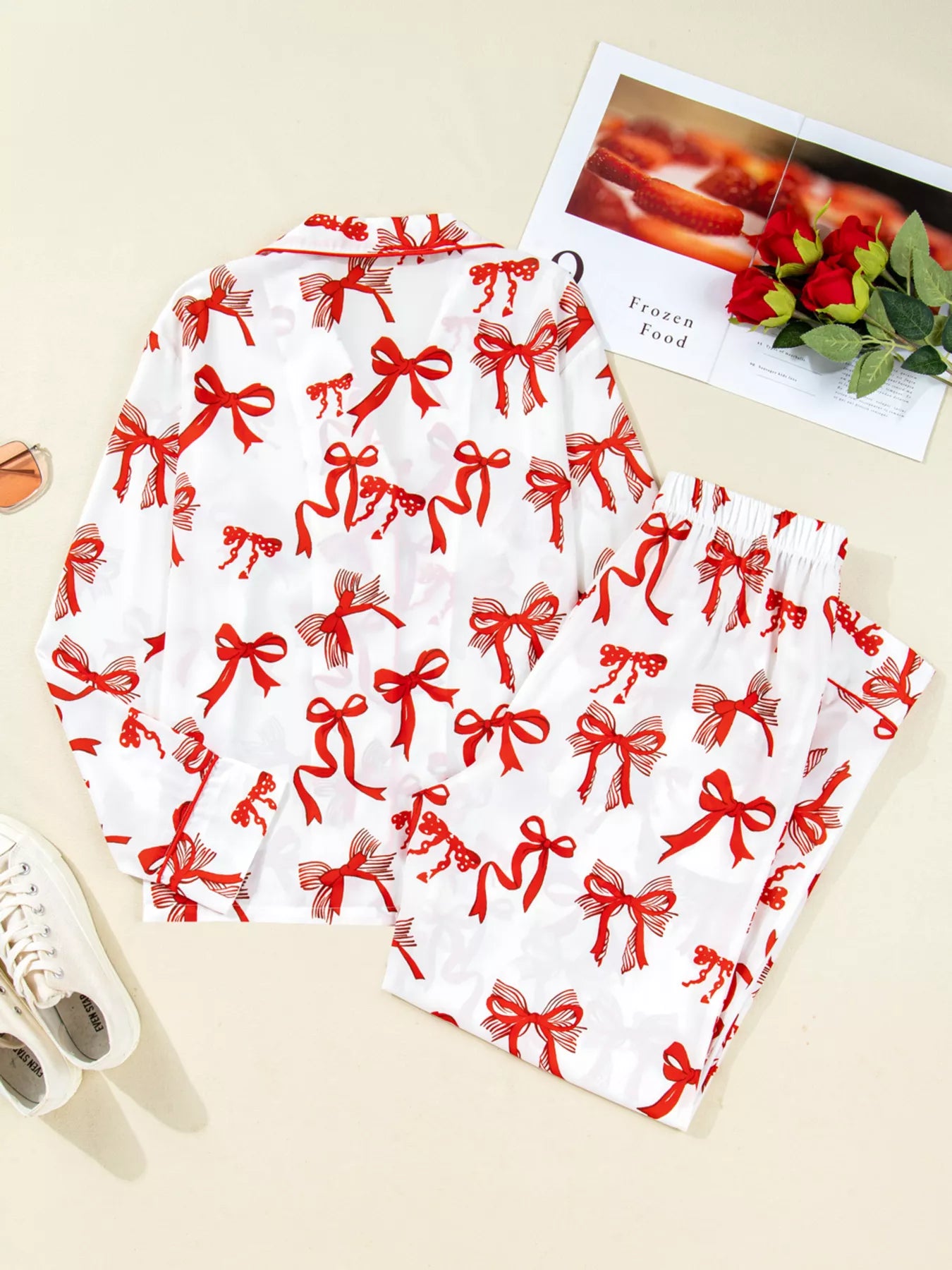 Christmas Bow Print Top and Pants 2pcs Pajama Set
