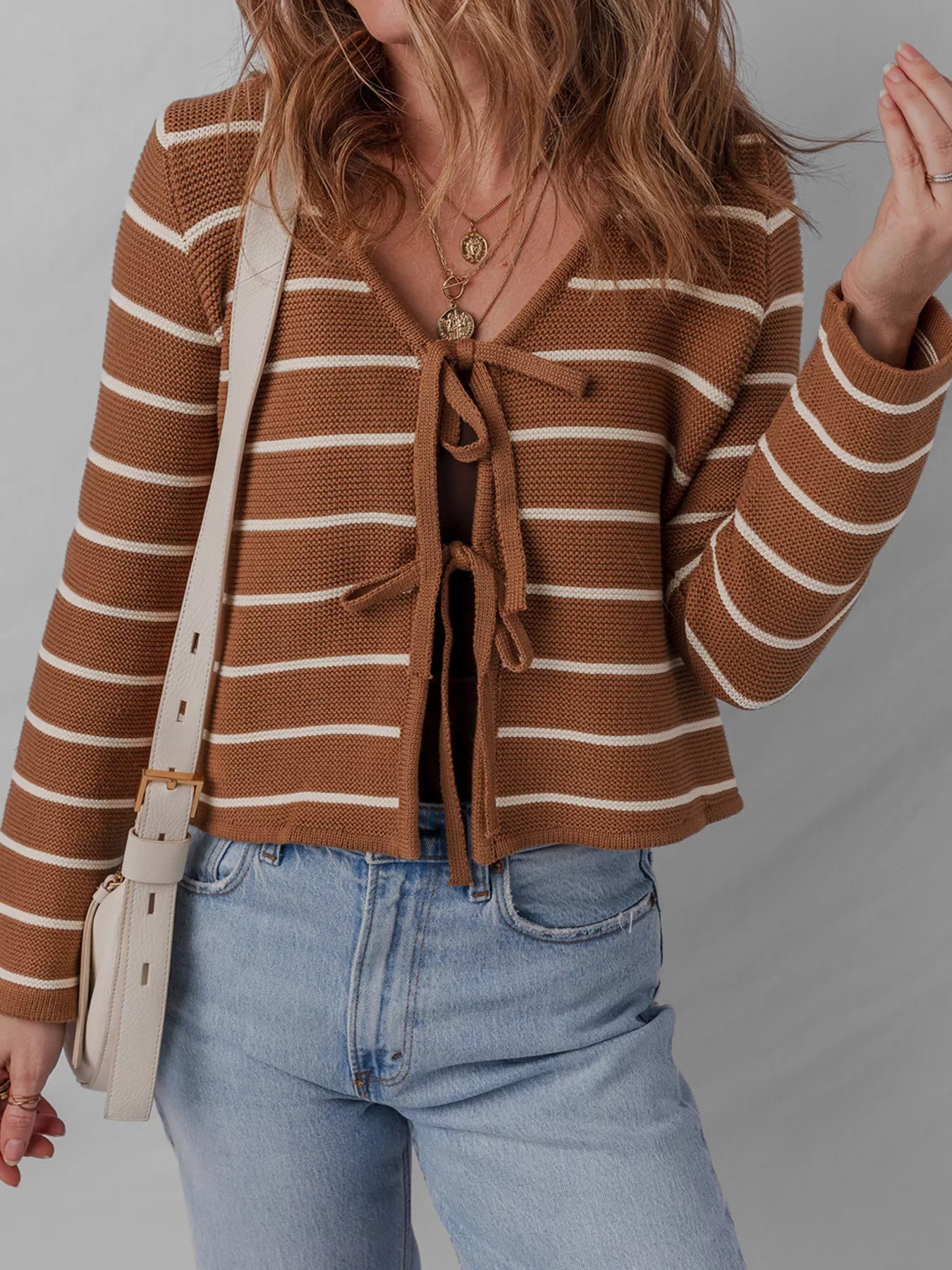 Tie Front Striped Knit V Neck Cardigan