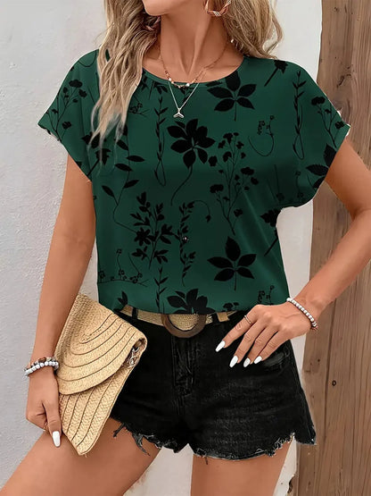 Printed Round Neck Short Sleeve Blouse Green