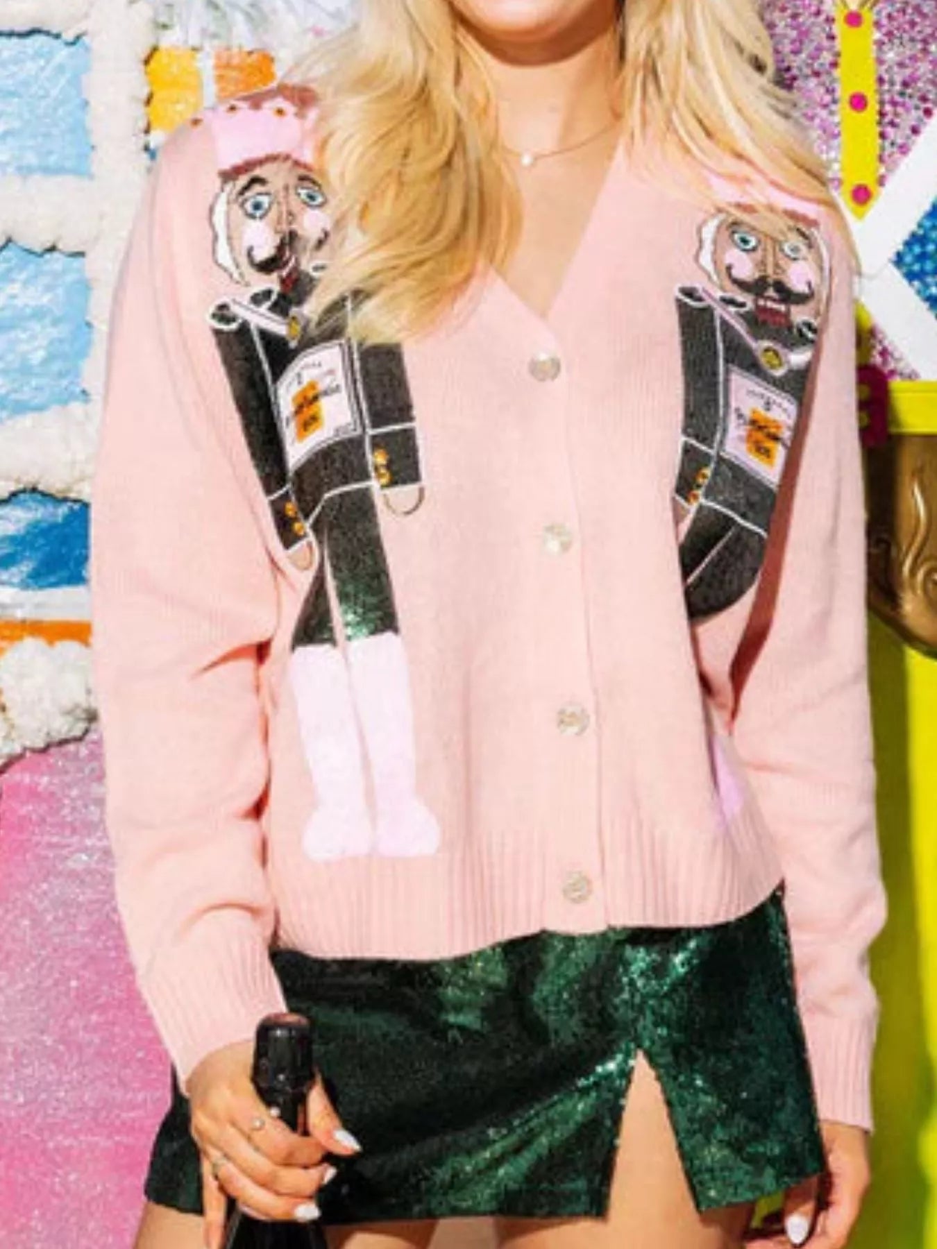 Nutcracker Ribbed Hem V-Neck Cardigan