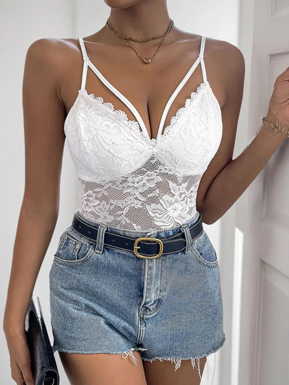 Perfee Spaghetti Strap Lace Bodysuit White