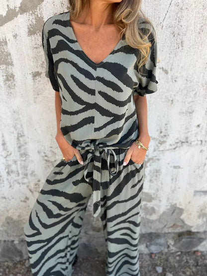 Zebra Print V-Neck Top and Pants Set
