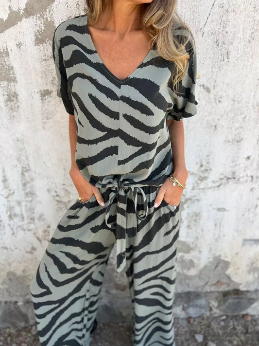 Zebra Print V-Neck Top and Pants Set