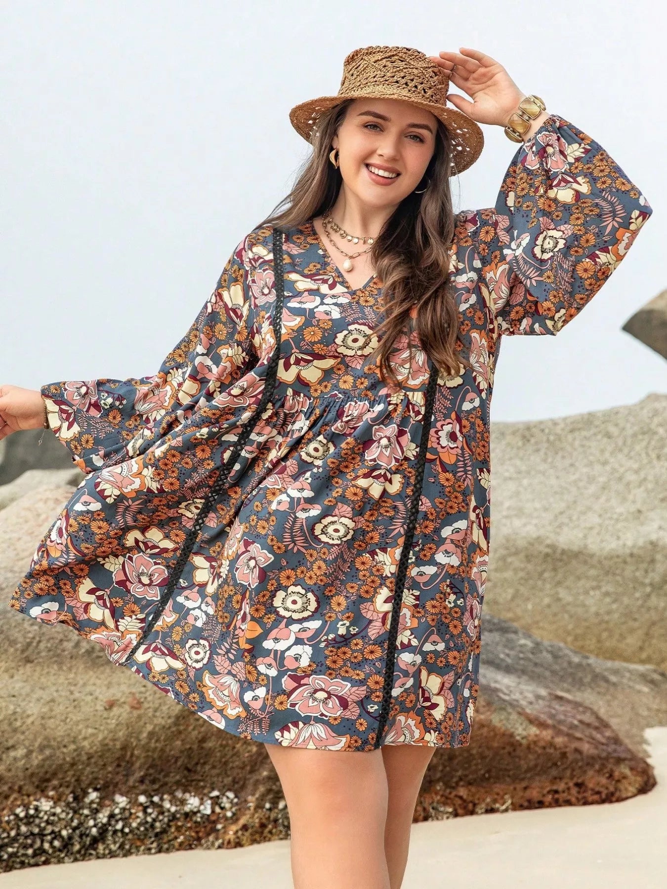 Plus Size Floral Print Long Sleeve Mini Dress