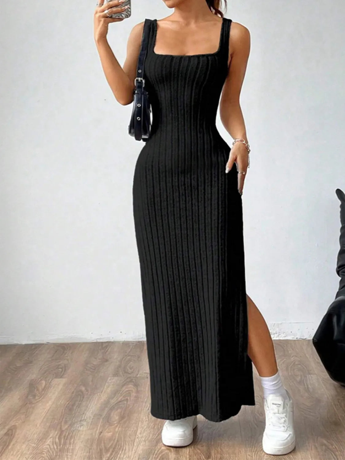 Cutout Square Neck Wide Strap Knit Dress