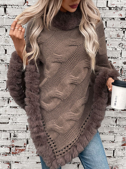 Fuzzy Hem Cable-Knit Poncho Mocha One Size