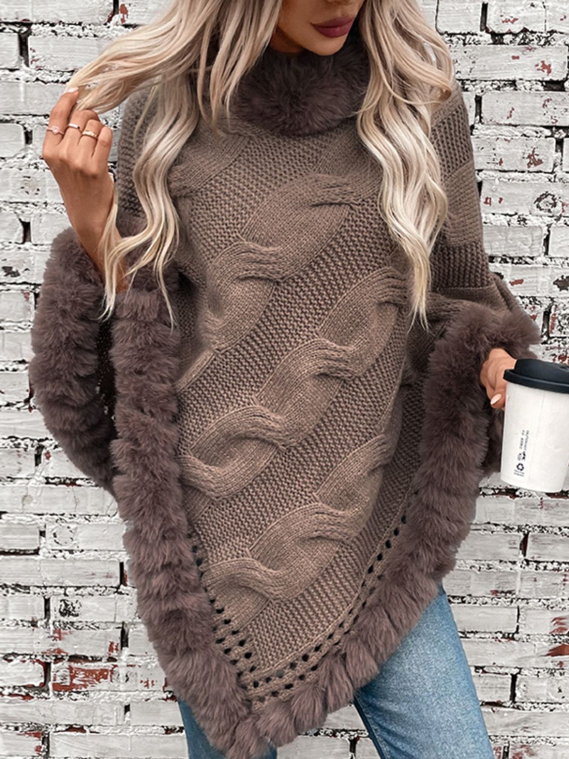 Fuzzy Hem Cable-Knit Poncho Mocha One Size