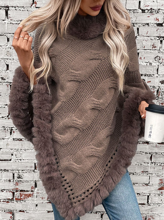 Fuzzy Hem Cable-Knit Poncho Mocha One Size