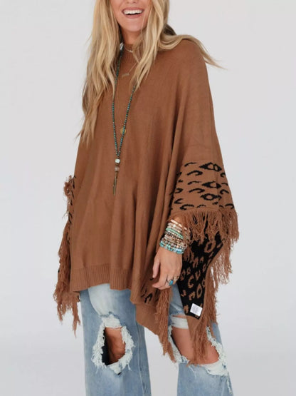 Fringe Leopard Mock Neck Batwing Sleeve Knit Top
