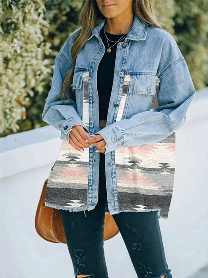 Printed Botton Down Long Sleeve Denim Jacket Blush Pink