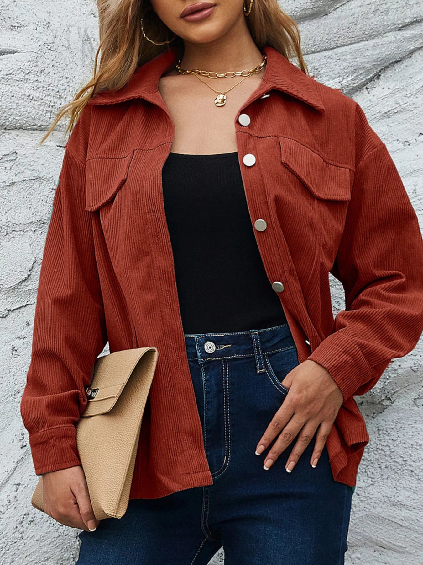 Casual Corduroy Button-Down Jacket Amber