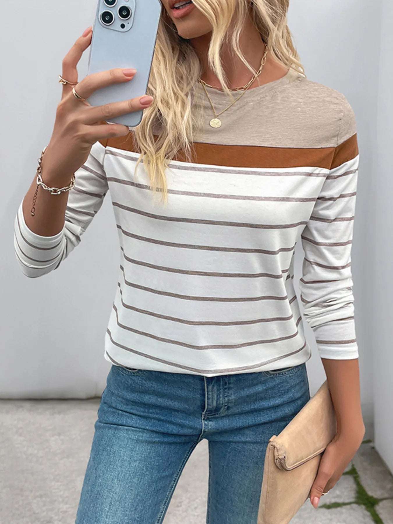 Casual Striped Long Sleeve Color Block T-Shirt