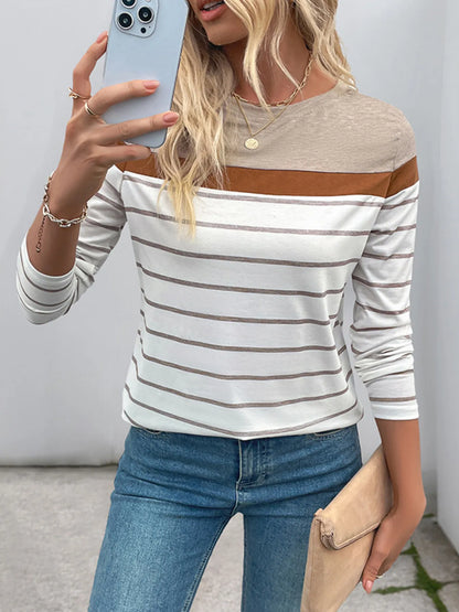 Casual Striped Long Sleeve Color Block T-Shirt