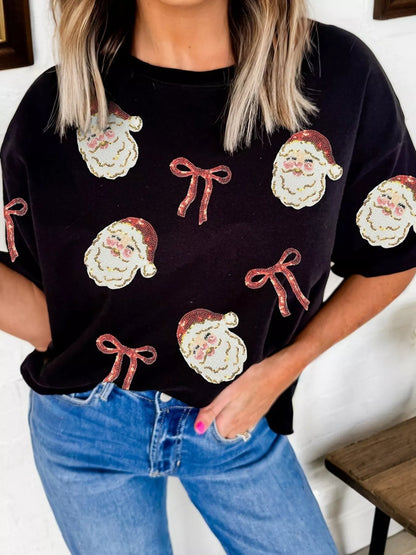 Sequin Christmas Bow Santa Claus Patched T Shirt