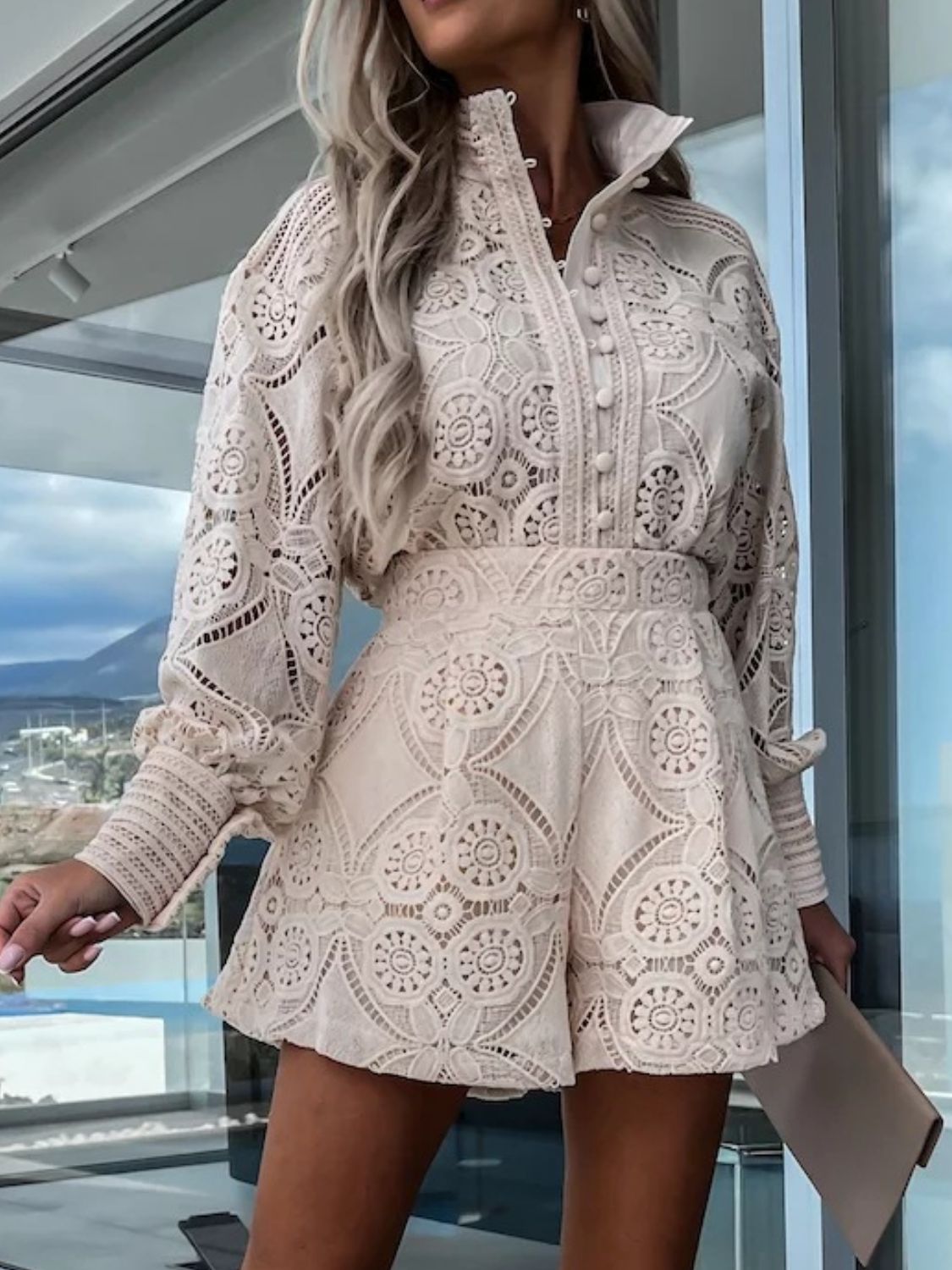 Lace Button Detail Long Sleeve Top and Shorts Set