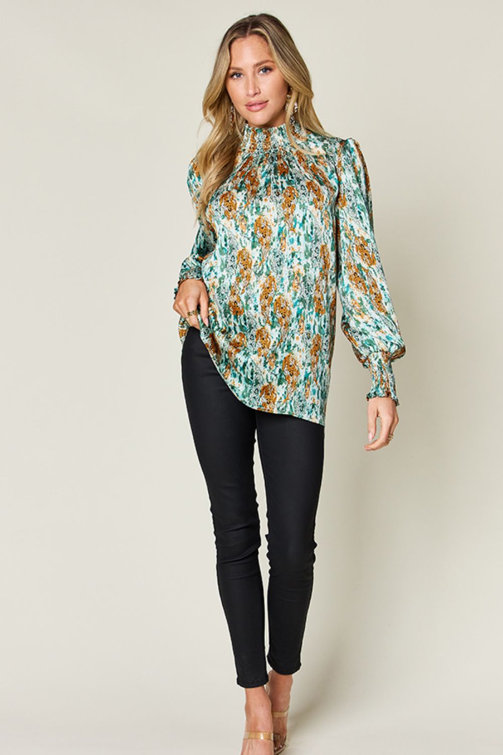 Semi-Sheer Smocked Top with Long Sleeves & Frills