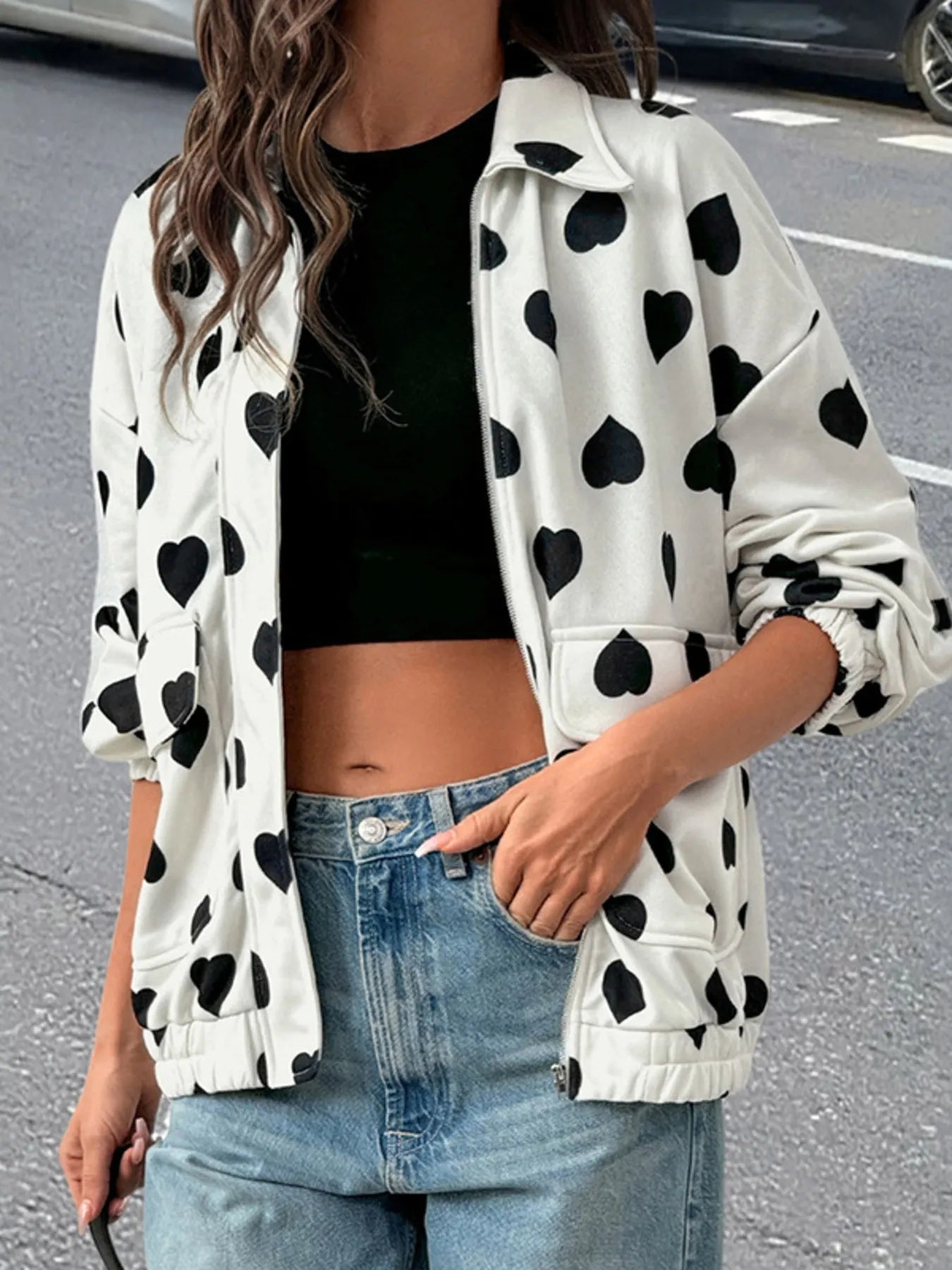 Heart Print Zip Up Jacket