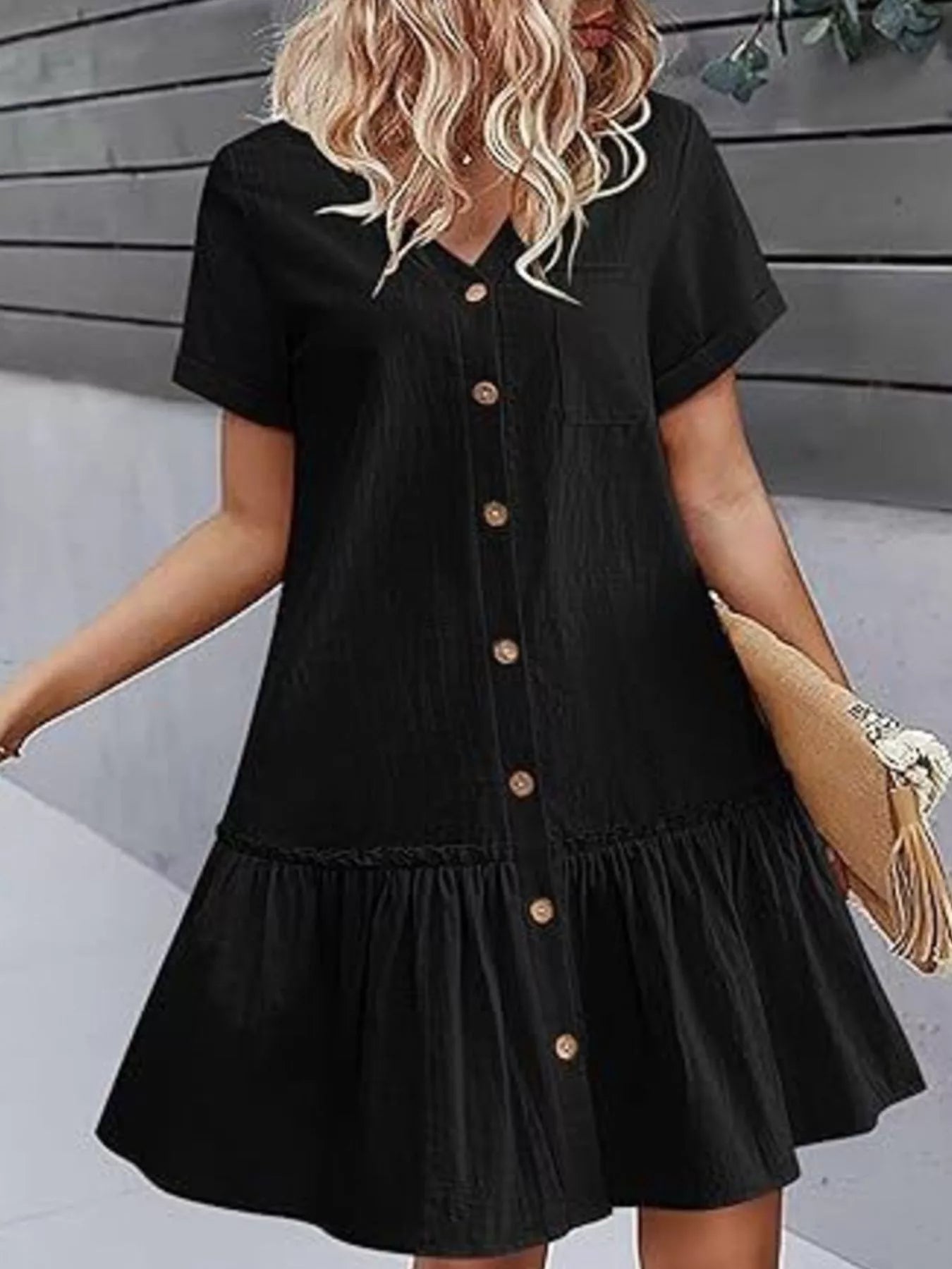 Full Size Button-Front Short Sleeve Tiered Dress Plus Size