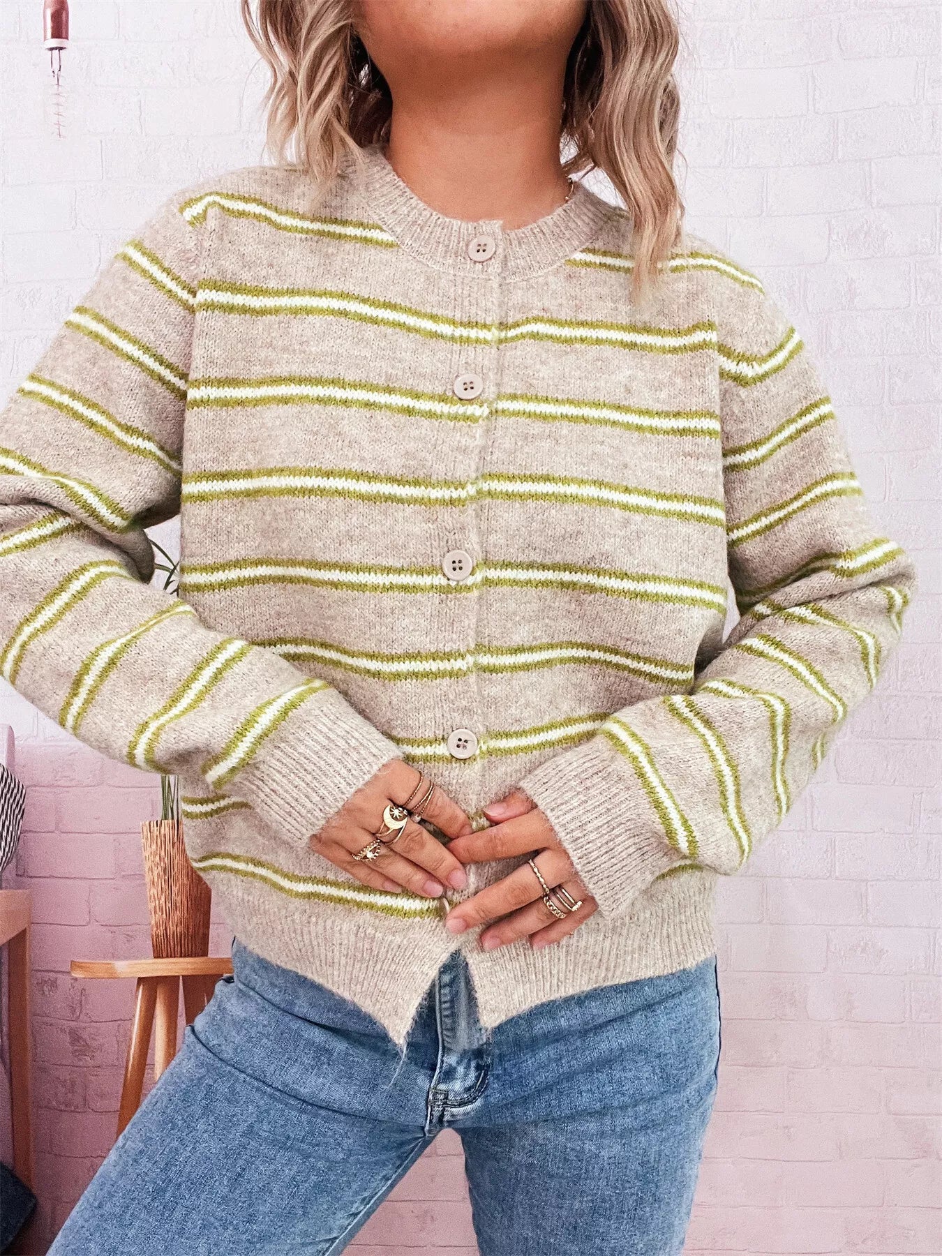 Striped Button-Up Long Sleeve Cardigan