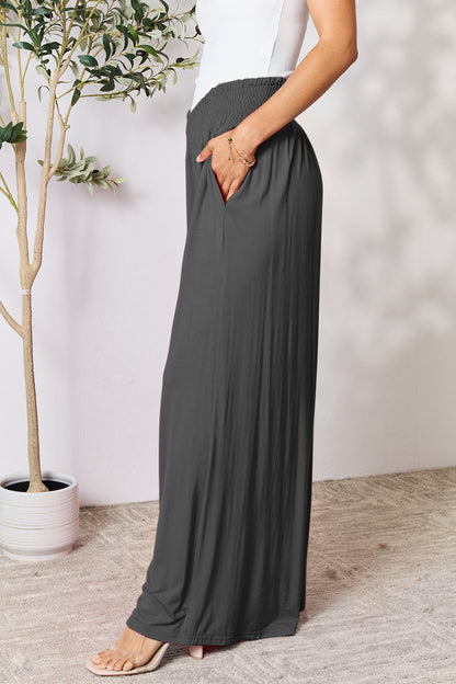 Smocked High-Waist Wide Leg Pants