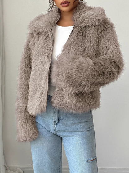 Fuzzy Zip Up Cropped Outerwear Khaki