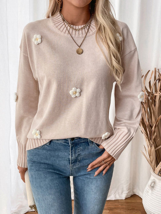 Perfee Flower Round Neck Long Sleeve Sweater Dust Storm