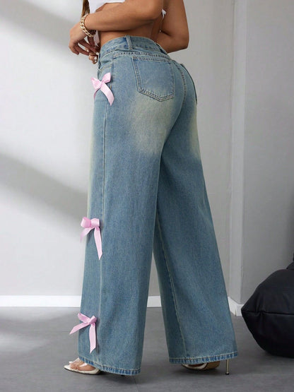 Bow High Rise Wide Leg Jeans