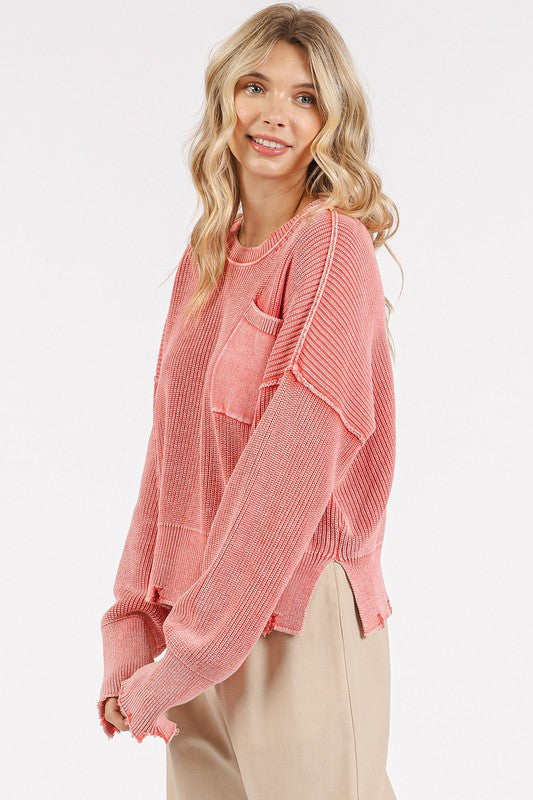 Back To School Sweater - Mittoshop Distressed Hem Round Neck Dropped Shoulder Sweater