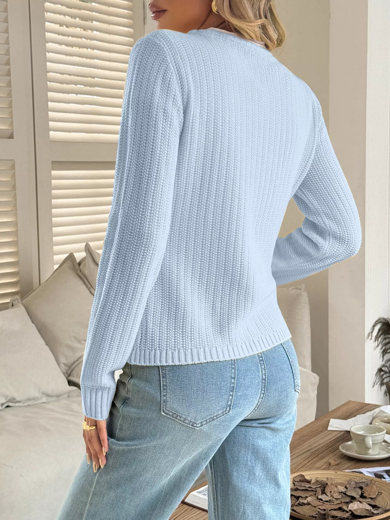 Button-Front Ribbed Long Sleeve Cardigan