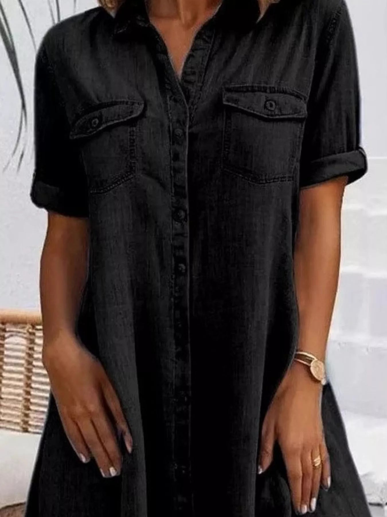 Full Size Button-Front Short Sleeve Denim Dress Plus Size