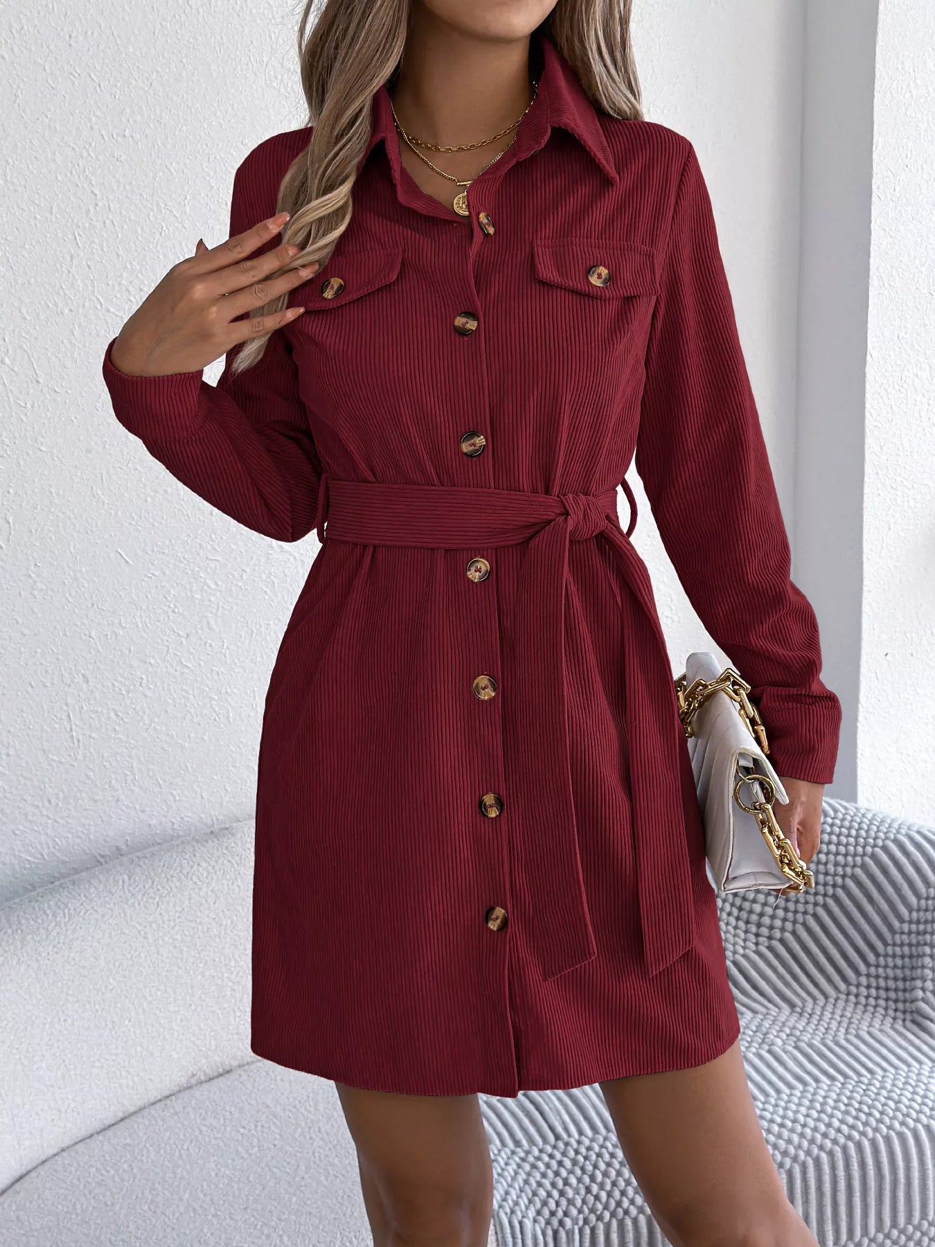 Button-Front Corduroy Shirt Dress