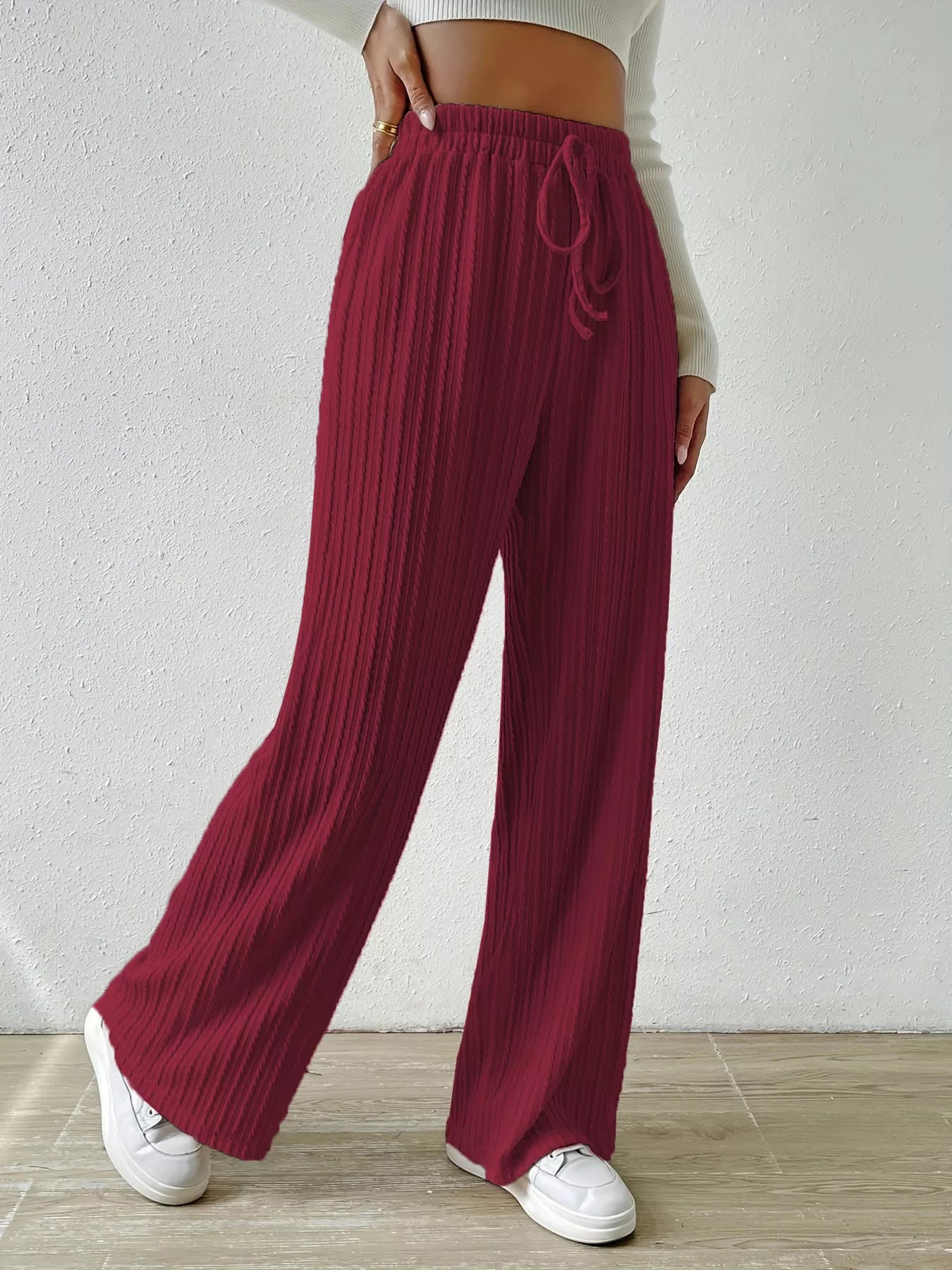 Drawstring Wide Leg Pants Wine Red