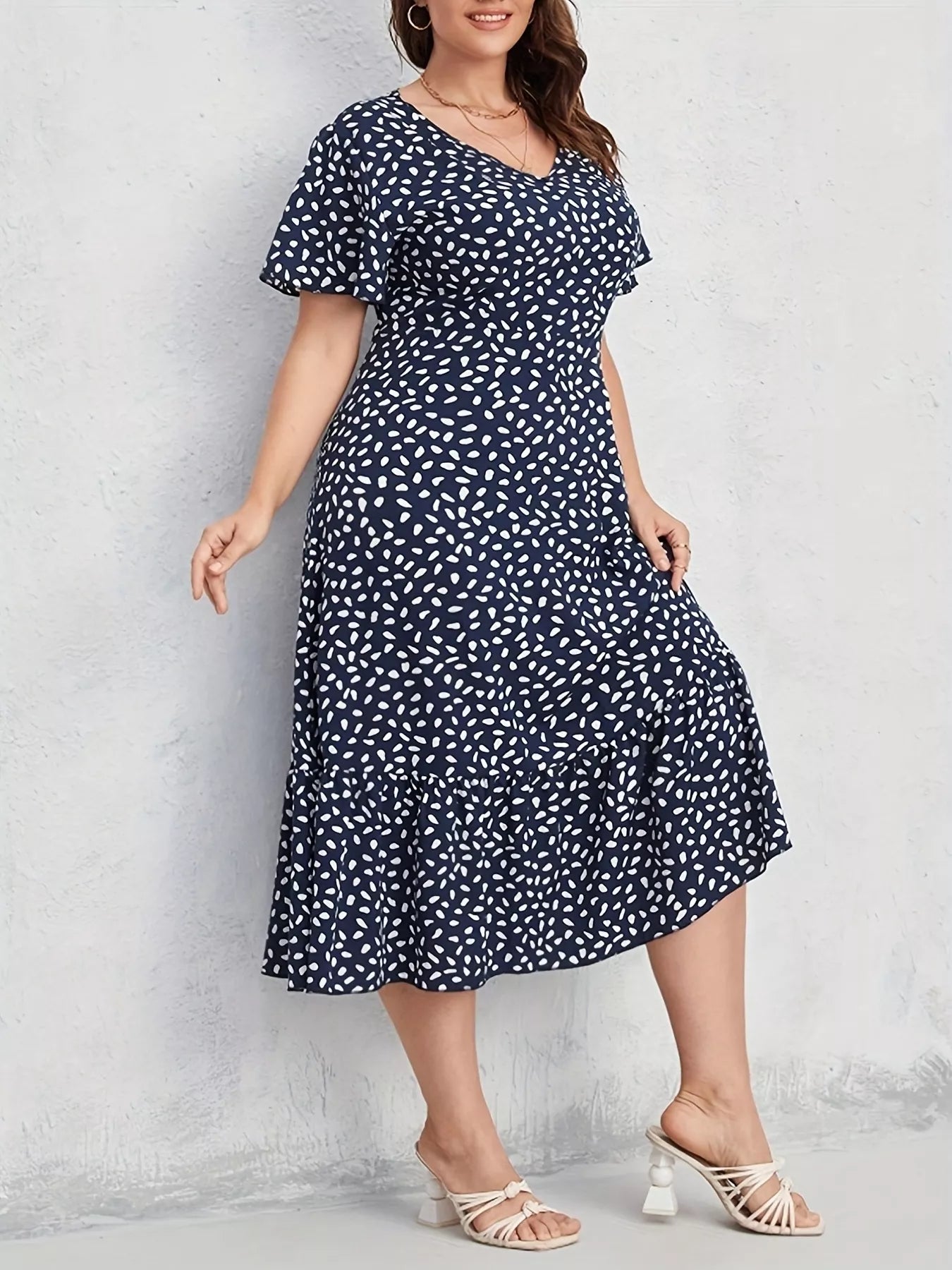 Plus Size Printed V-Neck Short Sleeve Dress Dark Blue