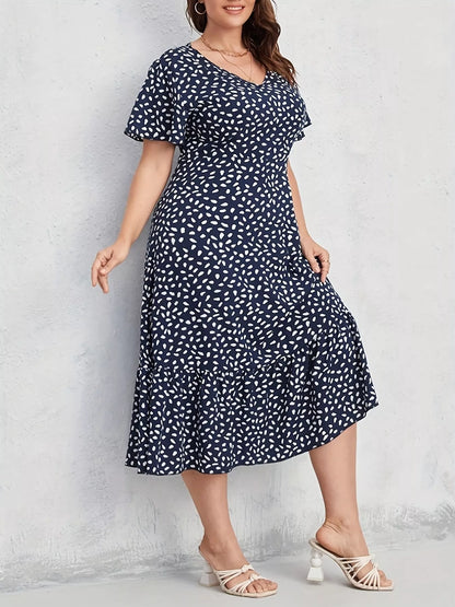 Plus Size Printed V-Neck Short Sleeve Dress Dark Blue
