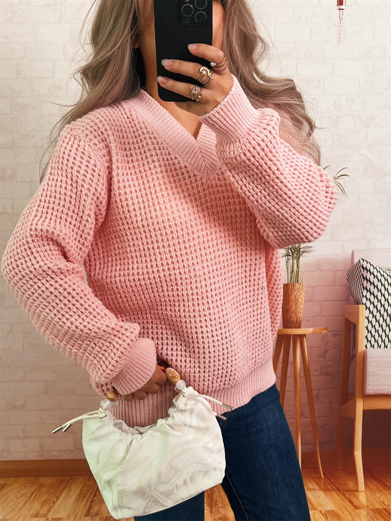 V-Neck Textured Knit Sweater