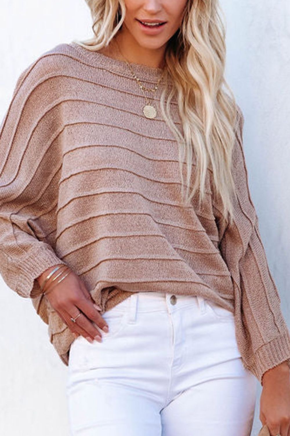 Round Neck Long Sleeve Knit Top Pale Blush