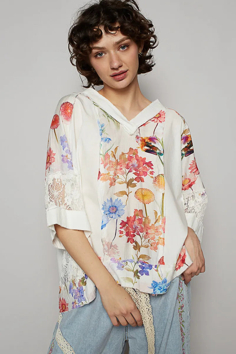 POL Floral V-Neck Raw Edge T-Shirt with Lace Detail