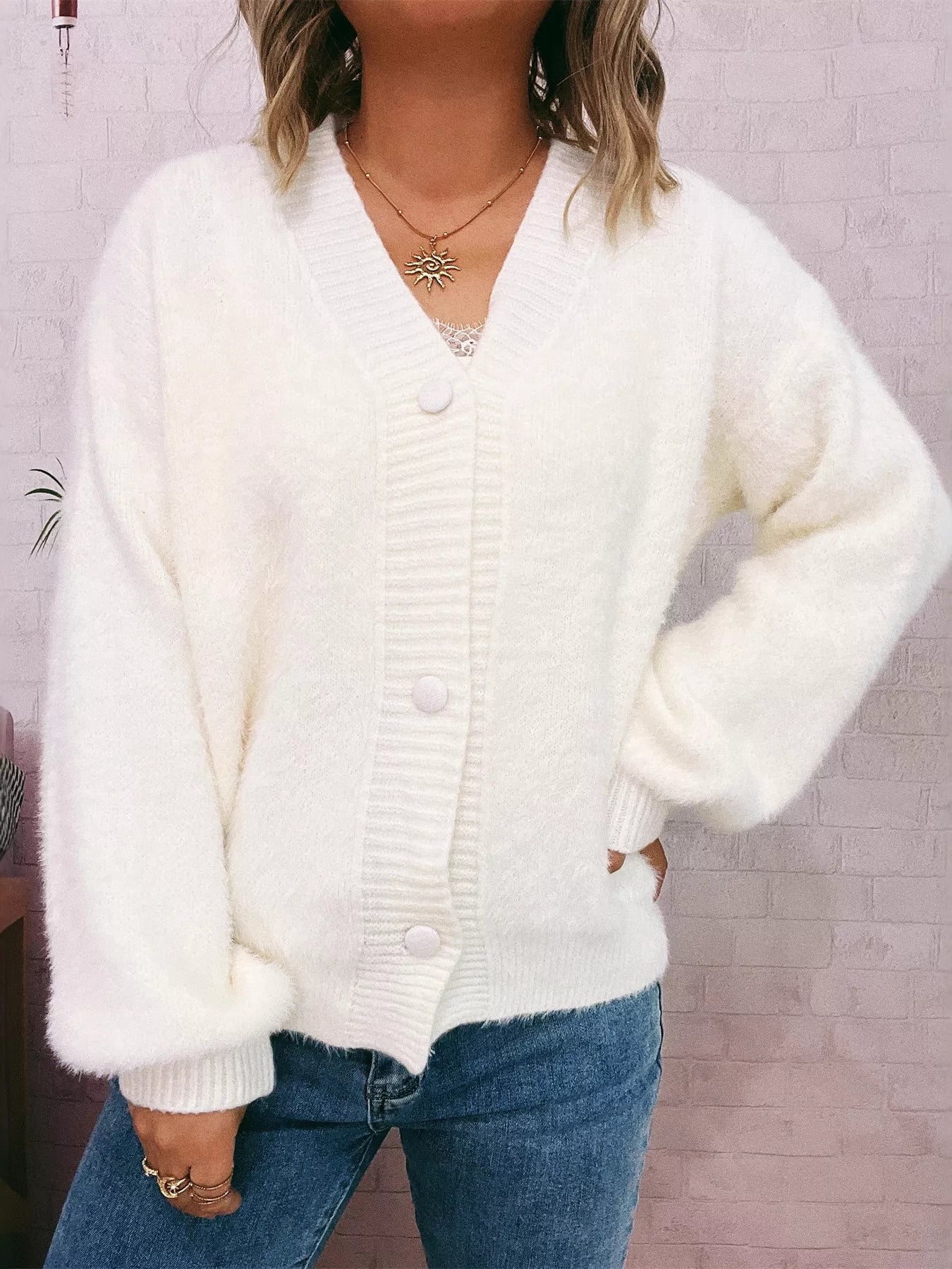 Fuzzy Button-Up Long Sleeve Cardigan White One Size