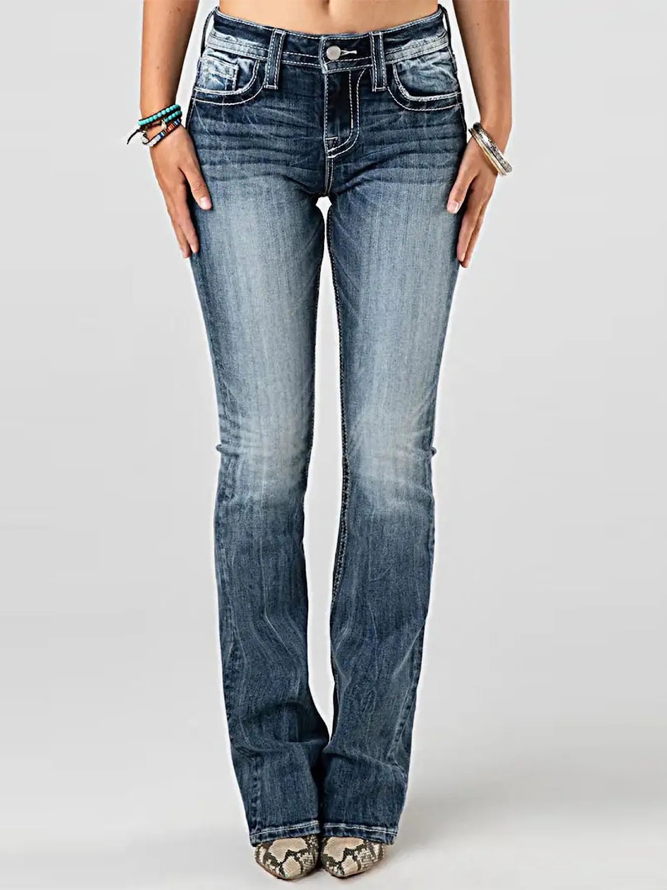Embroidered Washed Bootcut Jeans Navy