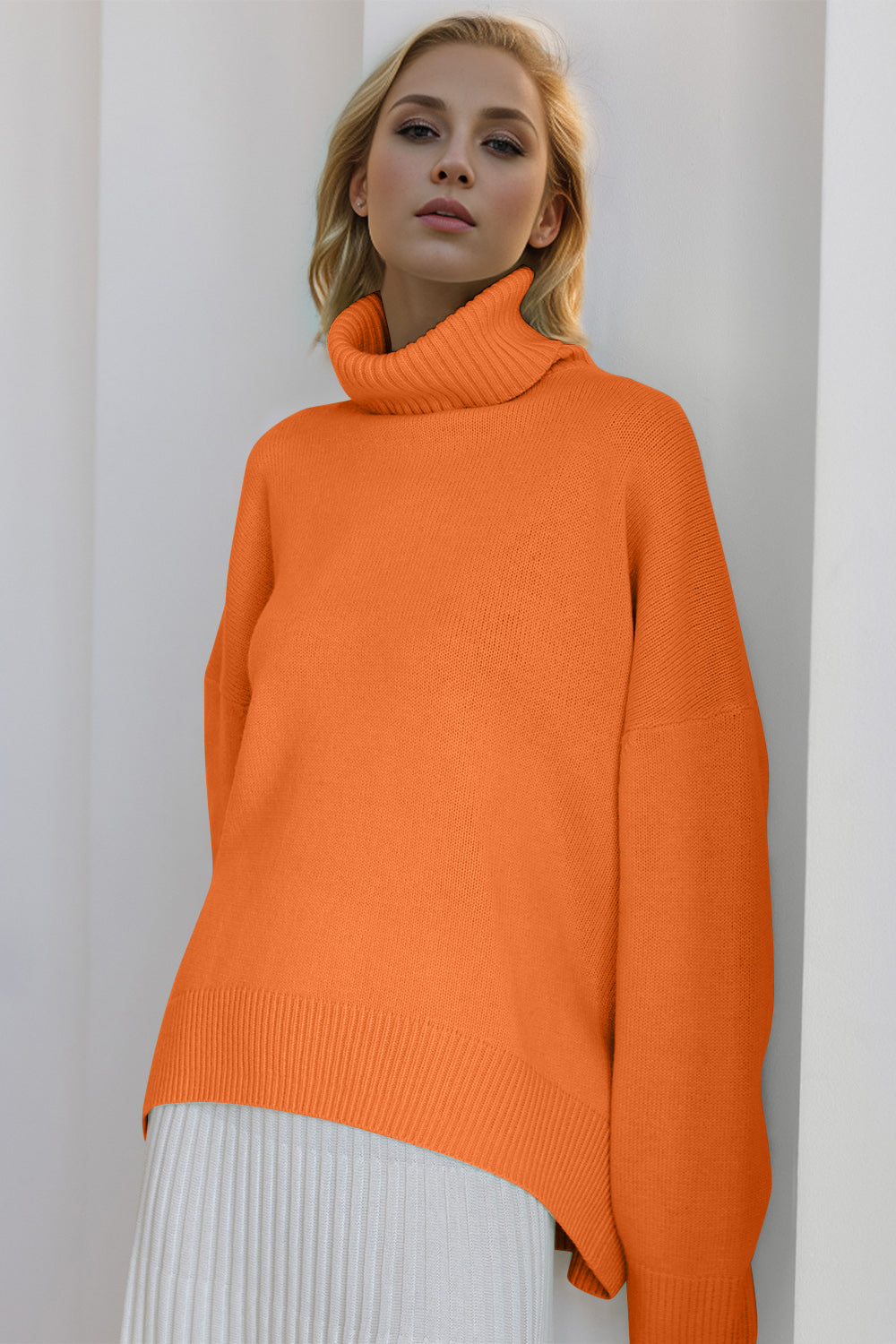 Back To School Sweater - Basic Bae Turtleneck Dropped Shoulder Long Sleeve Sweater