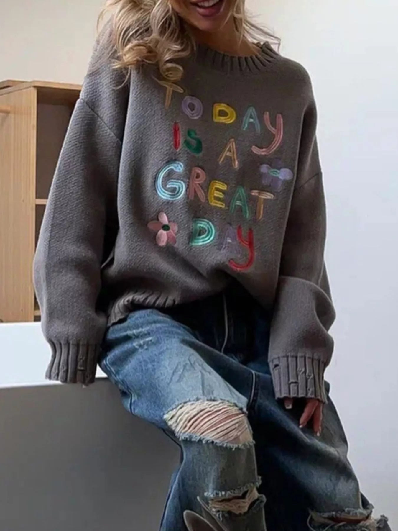 Embroidered 'Great Day' Dropped Shoulder Sweater