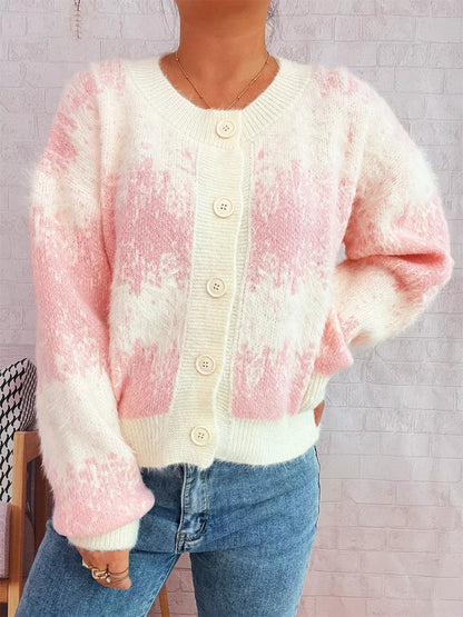 Ribbed Hem Button Up Cardigan Pink One Size