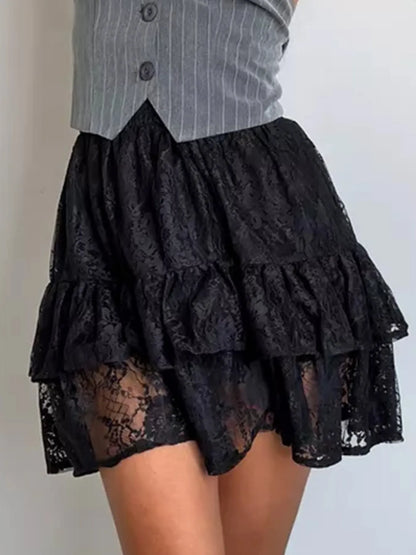 Lace Tiered Mini Skirt Black