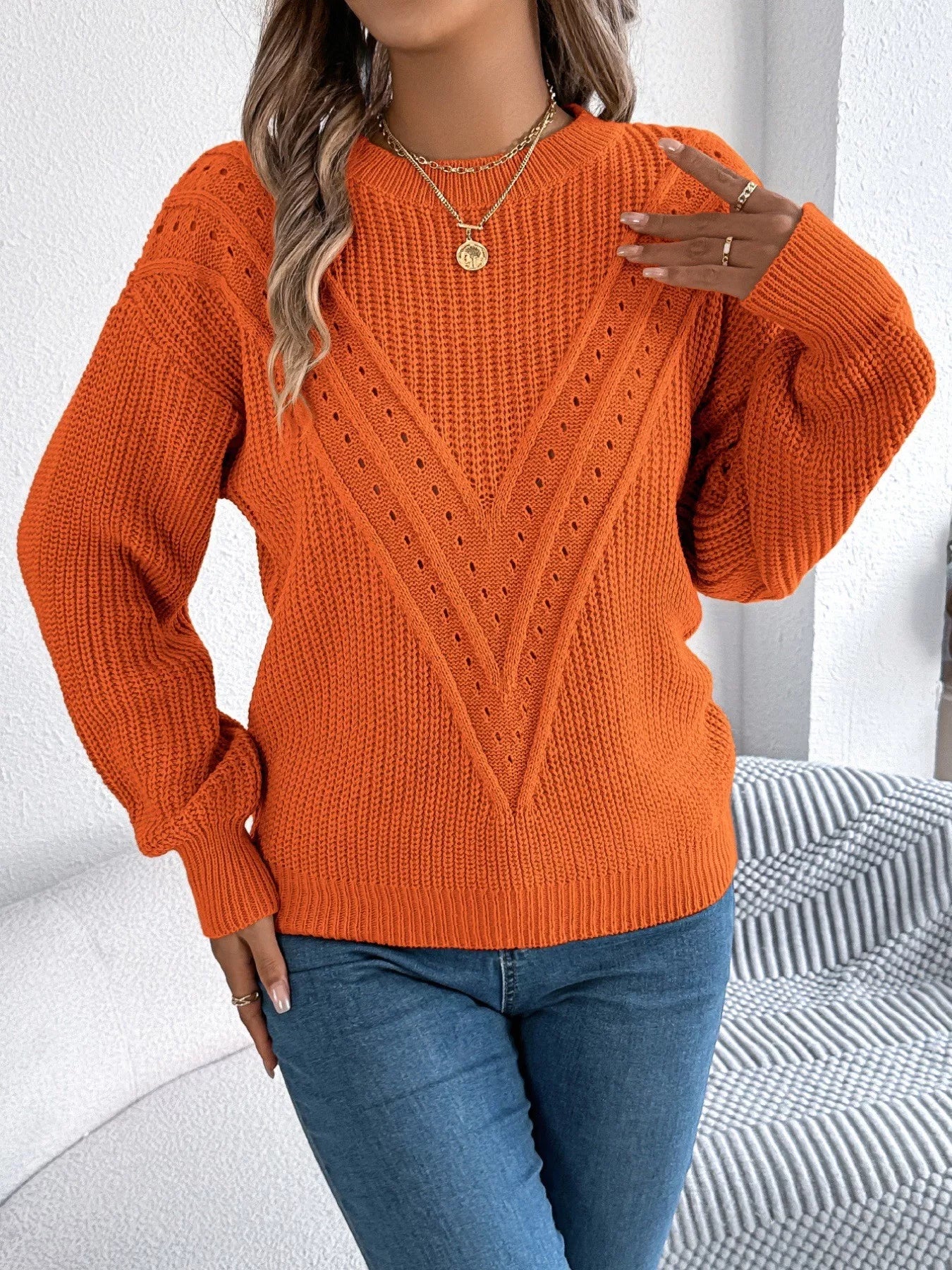Openwork Round Neck Sweater