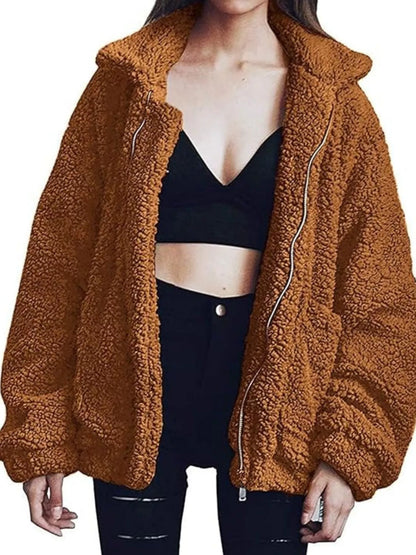 Full Size Cozy Fleece Zip Up Jacket Plus Size Caramel