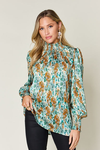 Semi-Sheer Smocked Top with Long Sleeves & Frills Mid Green